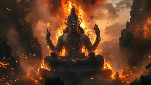 Fiery meditative deity sits within erupting volcanic inferno