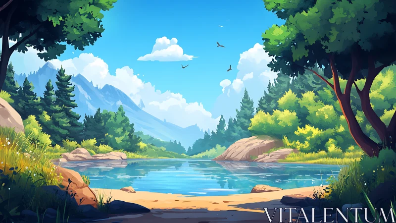 Calm forest lake with distant mountains under blue sky.