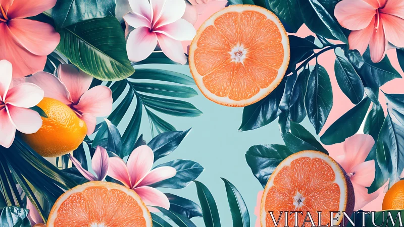 Citrus slices and plumeria blooms in lush tropical collage.