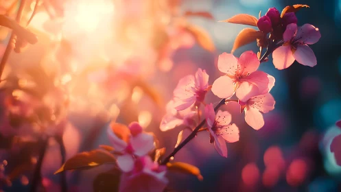 Photorealistic close view records pink blossoms in backlight