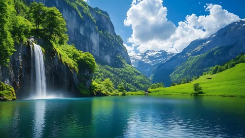 Mountain lake reflects waterfall, cliffs, trees, and clouds clearly