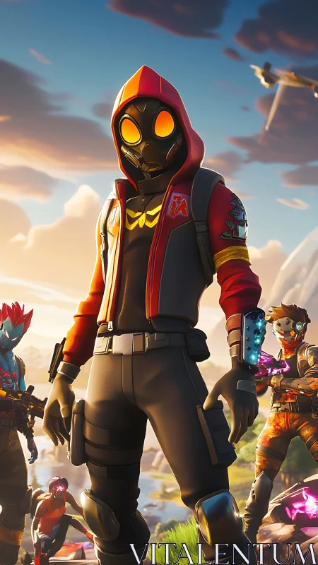 Hooded masked game hero leading neon lit battle squad.