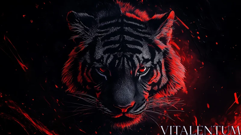 High-contrast neon red tiger portrait on black negative space