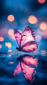 Digital painting of luminous butterfly with reflective bokeh background.