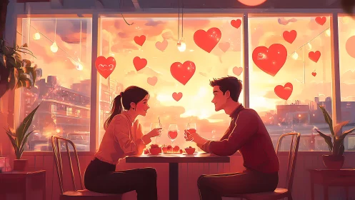 Two figures seated at table with heart decorations during sunset