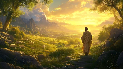 Shepherd walks through sunlit valley toward distant mountains