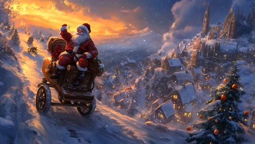Santa racing downhill toward a glowing winter village at dusk.