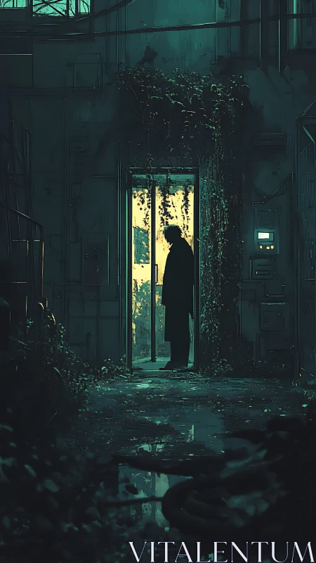 Backlit figure in overgrown industrial corridor with cyan grading