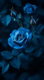 Blue Rose Study: Monochromatically Lit Bloom with Buds
