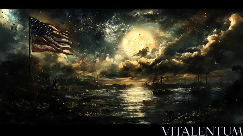 Moonlit harbor storms while a defiant flag carves the sky