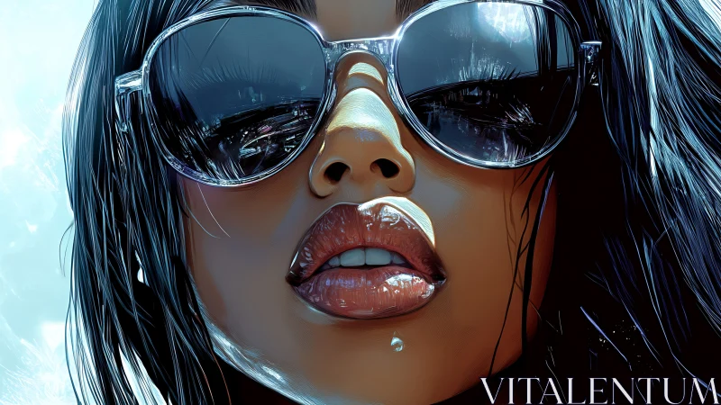 Close-up digital portrait shows reflective sunglasses and lips