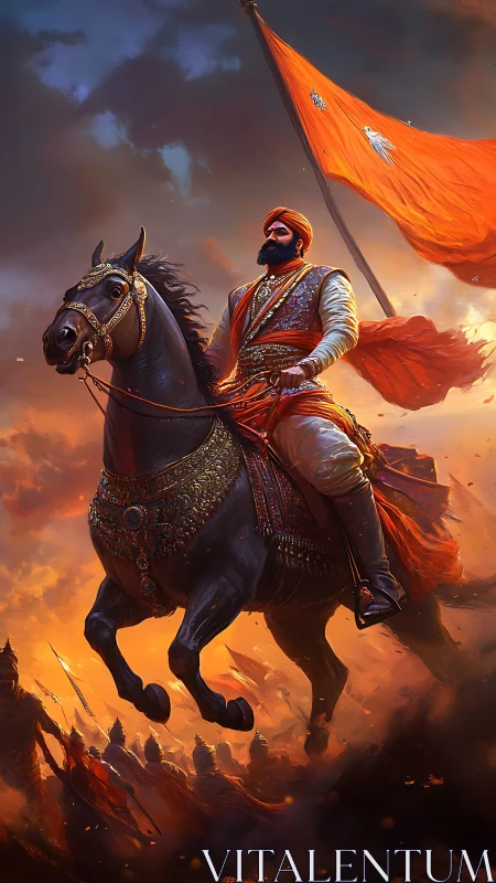 Armored rider on warhorse with orange flag in battle scene.