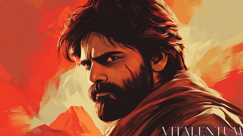 Cinematic digital portrait uses bold vector strokes and warm palette