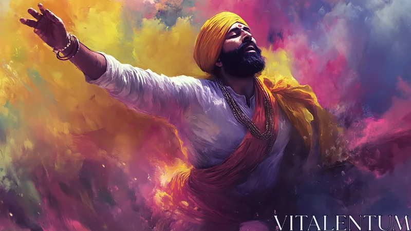 Devotional dancer in saffron robes amid radiant color clouds