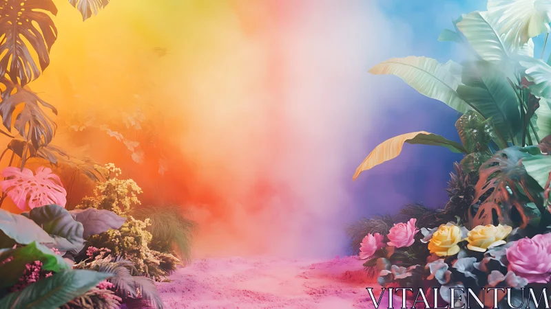 Tropical plants frame vivid rainbow mist in surreal garden