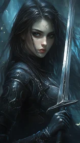 Dark-haired warrior grips reflective sword in misted forest