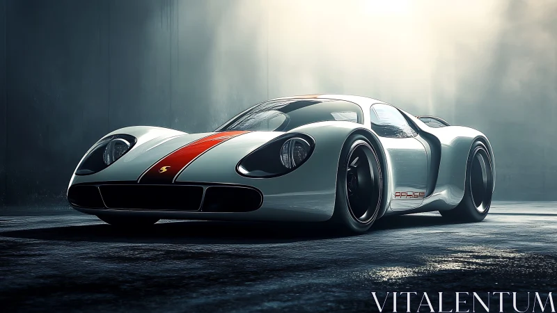 Retro-futuristic race car glows in misty cinematic light