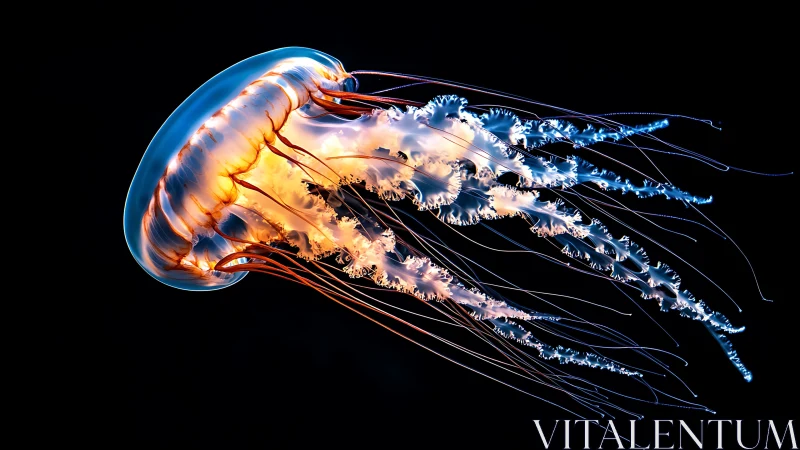 Illuminated jellyfish specimen is isolated against dark field