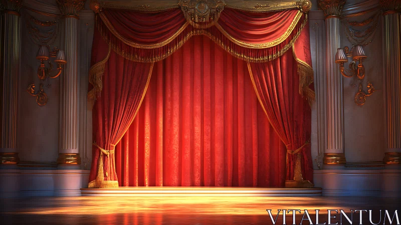 Velvet proscenium curtain glows under warm stage lights.