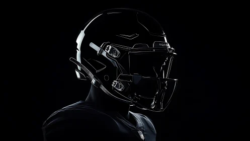 Sleek black football helmet glowing in dramatic shadows.