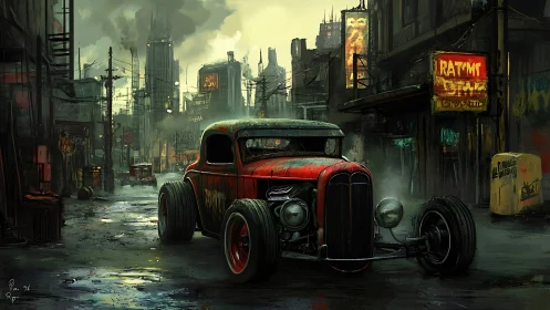 Rust crowned hot rod idles in rain slick cyberpunk alleyway.