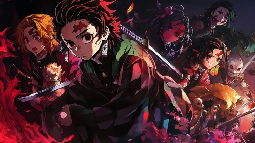 Dynamic anime swordsmen ensemble in high contrast battle tableau.