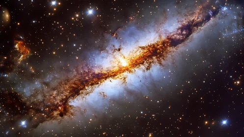 Photorealistic galactic dust lane with luminous stellar core.