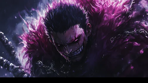 Dark warrior cloaked in vivid purple, charged with power.