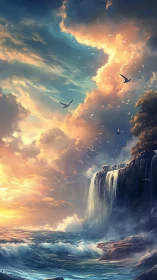 Luminous coastal waterfall under dynamically stratified sunset sky.