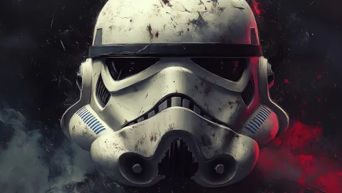 Battle-worn sci-fi helmet glowing in moody galactic haze.