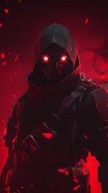 Hooded cyber assassin with glowing red eyes in embers