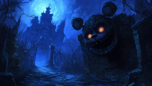 Moonlit haunted castle path with demonic animatronic wall face