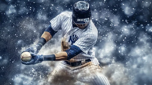 Baseball batter drives impact amid dynamic dust particles.