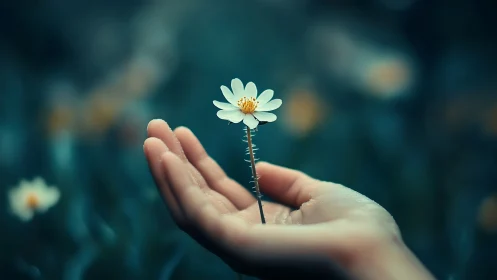 Delicate White Flower Held in Open Palm Against Teal.