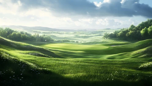 Sunlit golf fairway rendered with soft atmospheric depth and contour