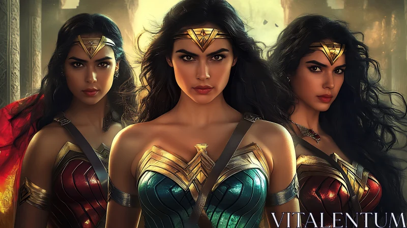 Three Powerful Amazons in Fantasy Armor, Cinematic Digital Art.