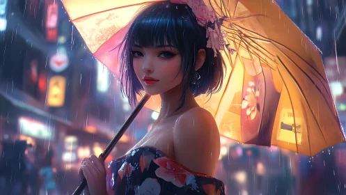 Neon city rain portrait with floral umbrella illumination.