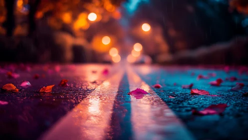 Rainy autumn street glows with neon lights and fallen leaves