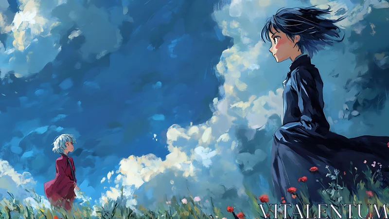 Two anime figures meet beneath sweeping, painted skies.