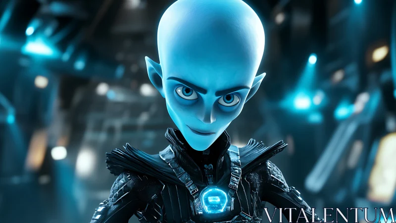 Blue-skinned supervillain glares under neon sci-fi lights