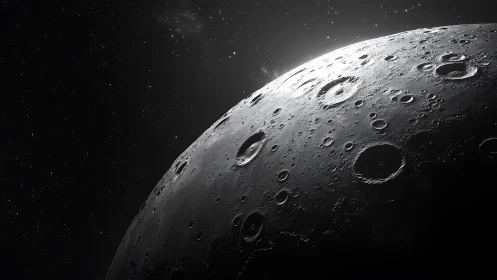 Lunar surface arcs into space under stark, sidelit glow.