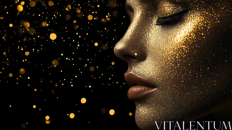 Specular-lit profile with dense gold particulate texture on skin