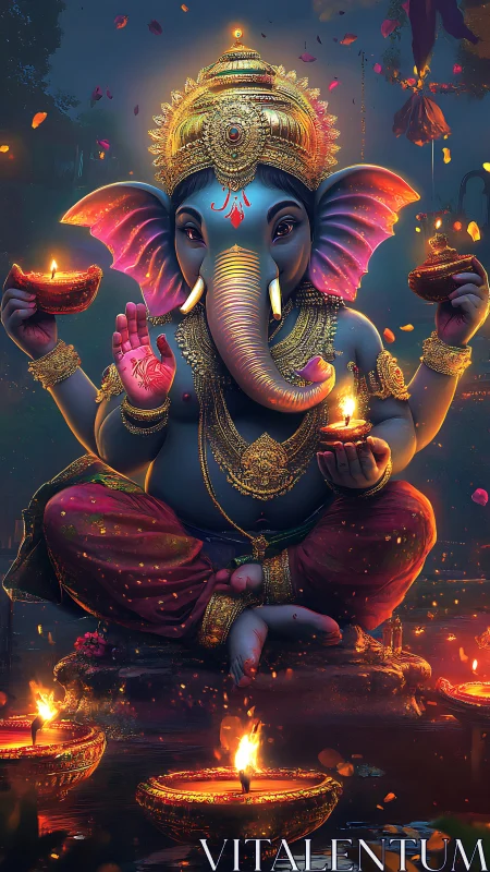 Ganesh figure with oil lamps in stylized night setting.