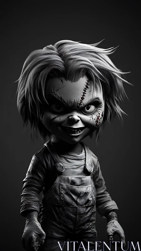 Sinister stitched doll portrait in moody monochrome 3D render.