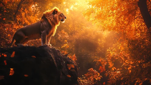 Lion on rocky ledge under dense golden forest light.