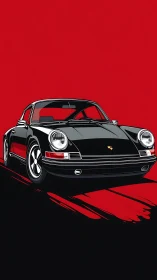 Sleek classic black sports car glides across bold red ground
