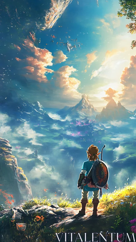 Heroic figure surveying expansive fantasy valley landscape.