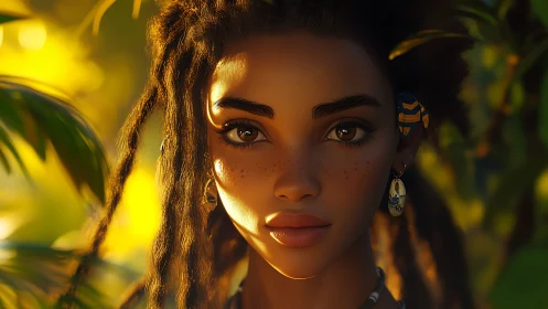 Sunlit jungle portrait with hyperreal subsurface skin rendering.