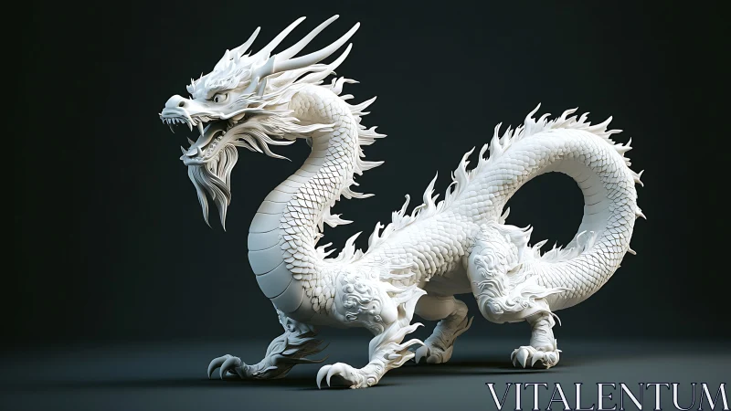 Coiled white dragon sculpture shows intricate scaled body
