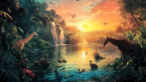 Sunlit jungle river gathers wildlife around glowing falls